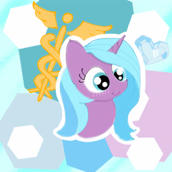 Size: 4096x4096 | Tagged: safe, artist:tiga mega, idw, radiant hope, pony, unicorn, g4, bust, caduceus, crystal heart, cutie mark, female, heart, hexagon, mare, smiling, solo