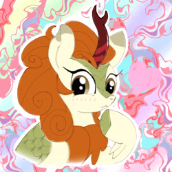 Size: 4096x4096 | Tagged: safe, artist:tiga mega, autumn blaze, kirin, pony, g4, abstract background, bust, female, heart, looking at you, mare, pointing, pointing at self, raised hoof, solo