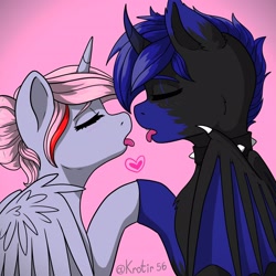 Size: 2160x2160 | Tagged: safe, artist:krotir56, oc, alicorn, bat pony, bat pony alicorn, pegasus, pony, bat wings, duo, hair bun, heart, high res, holiday, horn, imminent kissing, love, shipping, tongue out, valentine, valentine's day, wings