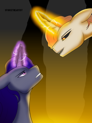 Size: 1440x1920 | Tagged: safe, artist:sforcetheartist, oc, oc only, alicorn, pony, unicorn, alicorn oc, antagonist, artwork, aura, black sclera, colored pupils, digital art, duo, duo male, ears back, epic, eye contact, eyebrows, fight, fire, glowing, glowing eyes, glowing horn, gritted teeth, horn, lidded eyes, looking at each other, looking at someone, magic, male, narrowed eyes, oc villain, open mouth, open smile, original art, protagonist, sharp teeth, smiling, stallion, teeth, wings