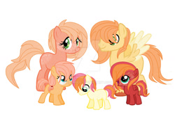 Size: 1024x699 | Tagged: safe, artist:kaiimira, oc, oc only, oc:gingersnap, oc:honeycrisp, oc:marlow, oc:peach snow, oc:red delicious, earth pony, pegasus, pony, base used, body freckles, colt, deviantart watermark, female, filly, foal, freckles, male, obtrusive watermark, offspring, parent:big macintosh, parent:fluttershy, parents:fluttermac, siblings, simple background, watermark, white background