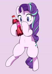 Size: 2893x4092 | Tagged: safe, artist:gakushuogawa, starlight glimmer, pony, unicorn, g4, belly button, bipedal, coca-cola, drink, female, high res, hoof over mouth, looking at something, mare, pink background, simple background, soda, solo, starlight coca-cola