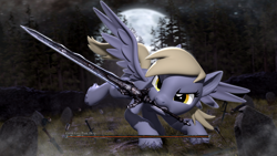 Size: 3840x2160 | Tagged: safe, artist:owlpirate, derpy hooves, pegasus, pony, g4, 3d, 4k, dark souls, epic derpy, female, forest, full moon, high res, mare, moon, open mouth, scowl, solo, source filmmaker, sword, weapon