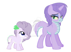 Size: 1024x746 | Tagged: safe, artist:kaiimira, oc, oc only, oc:kaida, oc:silver-violets, dracony, hybrid, base used, deviantart watermark, duo, female, foal, interspecies offspring, obtrusive watermark, offspring, parent:rarity, parent:spike, parents:sparity, siblings, simple background, sisters, smiling, watermark, white background