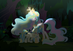 Size: 2912x2059 | Tagged: safe, artist:stormcloud-yt, princess celestia, oc, alicorn, changepony, hybrid, pony, g4, base used, duo, eyes closed, female, forest, glowing, glowing horn, high res, horn, interspecies offspring, jewelry, mare, offspring, outdoors, parent:princess celestia, parent:thorax, parents:thoralestia, tiara
