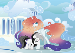 Size: 4093x2894 | Tagged: safe, artist:doraair, artist:stormcloud-yt, oc, oc only, alicorn, pony, alicorn oc, base used, concave belly, duo, ethereal mane, female, heterochromia, horn, mare, outdoors, slender, starry mane, thin, wings