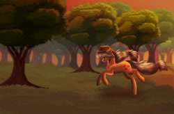 Size: 3021x1985 | Tagged: safe, artist:stormcloud-yt, applejack, earth pony, pony, g4, female, forest, hat, mare, outdoors, running, solo