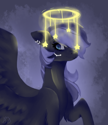 Size: 820x945 | Tagged: safe, artist:peachyminnie, oc, oc only, pegasus, pony, bust, ear piercing, earring, halo, jewelry, pegasus oc, piercing, solo, stars, wings