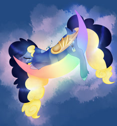 Size: 1280x1374 | Tagged: safe, artist:peachyminnie, oc, oc only, bat pony, pony, bat pony oc, bat wings, crescent moon, female, lying down, mare, moon, prone, rainbow moon, sleeping, sleeping on moon, solo, tangible heavenly object, transparent moon, unshorn fetlocks, wings