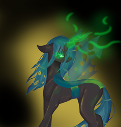 Size: 1000x1050 | Tagged: safe, artist:peachyminnie, queen chrysalis, changeling, changeling queen, g4, abstract background, female, glowing, glowing eyes, glowing horn, green eyes, horn, looking back, magic, solo, sombra eyes, transparent wings, wings