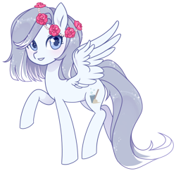 Size: 1024x996 | Tagged: safe, artist:miioko, oc, oc only, pegasus, pony, female, flower, flower in hair, mare, pegasus oc, raised hoof, rose, simple background, solo, transparent background, wings
