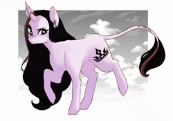 Size: 1280x896 | Tagged: safe, artist:delzol, oc, oc only, pony, unicorn, eyelashes, female, horn, leonine tail, mare, raised hoof, solo, tail, unicorn oc