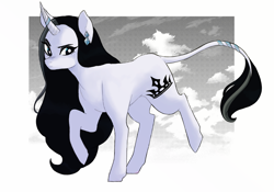 Size: 1280x896 | Tagged: safe, alternate version, artist:delzol, oc, oc only, pony, unicorn, ear piercing, eyelashes, female, horn, horn ring, jewelry, leonine tail, mare, piercing, raised hoof, ring, solo, tail, unicorn oc