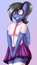 Size: 744x1280 | Tagged: safe, artist:bellenightjoy, oc, oc only, oc:belle nightjoy, pegasus, anthro, clothes, ear piercing, female, glasses, gradient background, necktie, pegasus oc, piercing, sissy, skirt, solo, wings