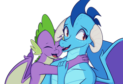 Size: 2100x1437 | Tagged: safe, anonymous artist, princess ember, spike, dragon, g4, awkward smile, dragoness, eyes closed, female, hug, male, ship:emberspike, shipping, simple background, smiling, straight, transparent background, winged spike, wings