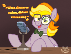 Size: 852x647 | Tagged: safe, artist:pigeorgien, oc, oc only, oc:star trails, pegasus, pony, bowtie, female, glasses, kraftwerk, lyrics, mare, microphone, show accurate, singing, solo, song reference, text