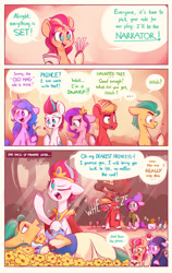 Size: 1800x2850 | Tagged: safe, artist:scribble-potato, cloudpuff, hitch trailblazer, izzy moonbow, pipp petals, sprout cloverleaf, sunny starscout, zipp storm, bird, crab, dog, earth pony, pegasus, pony, unicorn, g5, 3 panel comic, apple, comic, crossdressing, dunce hat, female, floppy ears, food, hat, implied hitchzipp, implied straight, izzy impaling things, laughing, male, mane five (g5), mare, new mane six (g5), pipp is short, snow white and the seven dwarfs, stallion, wheeze, winged dog, wings