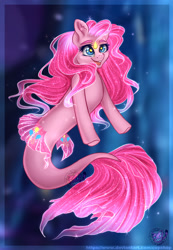 Size: 1280x1852 | Tagged: safe, artist:copshop, pinkie pie, angler fish, fish, seapony (g4), g4, blue eyes, bubble, dorsal fin, female, fish tail, flowing mane, flowing tail, glowing, logo, mare, ocean, open mouth, open smile, pink mane, pink tail, seaponified, seapony pinkie pie, seaquestria, smiling, solo, species swap, starry eyes, swimming, tail, teeth, underwater, water, watermark, wingding eyes