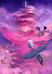Size: 1280x1816 | Tagged: safe, artist:shaslan, night glider, pegasus, pony, g4, cloud, detailed background, female, flying, mare, road, tower, valley