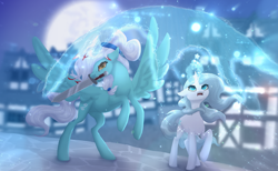 Size: 1280x788 | Tagged: safe, artist:shaslan, oc, oc only, pegasus, pony, unicorn, detailed background, force field, magic, magic aura, moon, road, spread wings, sword, town, weapon, wings