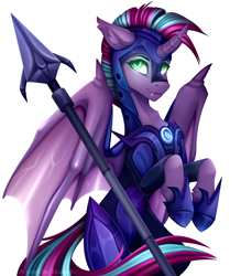 Size: 4134x4724 | Tagged: safe, artist:buvanybu, oc, oc only, alicorn, bat pony, bat pony alicorn, pony, bat wings, female, guardsmare, horn, mare, royal guard, slender, solo, thin, wings