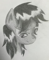 Size: 1024x1237 | Tagged: safe, artist:explosionmare, scootaloo, pegasus, pony, fanfic:rainbow factory, g4, absentia, alternate hairstyle, fanfic art, female, frown, gray background, looking down, pegasus device, pencil drawing, sad, simple background, solo, traditional art