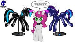 Size: 7680x4154 | Tagged: safe, artist:damlanil, oc, oc:nightlight aura, oc:peony, oc:star eyes, pegasus, pony, unicorn, bondage, clothes, collar, commission, crystal horn, encasement, fake horn, female, horn, i have no mouth and i must scream, inanimate tf, latex, link in description, magic, magic aura, mannequin, mannequin tf, mare, no mouth, objectification, pedestal, petrification, ponyquin, rubber, shiny, show accurate, simple background, story included, transformation, transparent background, vector