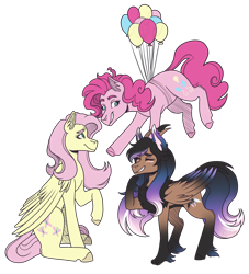 Size: 3000x3300 | Tagged: safe, artist:monnarcha, fluttershy, pinkie pie, oc, oc:alexus nictivia, pony, g4, balloon, floating, high res, simple background, then watch her balloons lift her up to the sky, transparent background