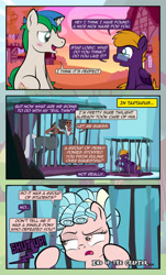 Size: 1920x3169 | Tagged: safe, artist:alexdti, cozy glow, lord tirek, oc, oc:dark purple, oc:purple creativity, oc:star logic, centaur, pegasus, pony, unicorn, taur, comic:quest for friendship, g4, bars, blushing, comic, dialogue, eye contact, eyeroll, female, filly, foal, folded wings, freckles, glasses, high res, horn, implied twilight sparkle, lidded eyes, looking at each other, looking at someone, male, mare, open mouth, open smile, pegasus oc, raised eyebrow, rule 63, sitting, smiling, speech bubble, stallion, tartarus, two toned mane, unicorn oc, wings, yelling