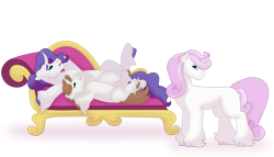Size: 1280x732 | Tagged: safe, artist:itstechtock, rarity, oc, oc:bowtie (pokemontrainermax), oc:precious gem, pony, g4, colt, couch, fainting couch, female, foal, male, mare, simple background, transparent background, unshorn fetlocks