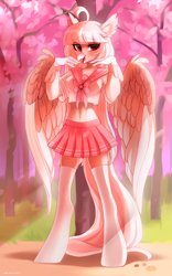 Size: 2000x3200 | Tagged: safe, alternate version, artist:zlatavector, oc, oc only, oc:ophelia, hippogriff, anthro, blushing, cherry blossoms, clothes, cute, ear fluff, female, flower, flower blossom, high res, japanese, large wings, long hair, long tail, midriff, school uniform, skirt, smiling, socks, solo, spread wings, tail, wings