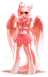 Size: 2000x3200 | Tagged: safe, alternate version, artist:zlatavector, oc, oc only, oc:ophelia, hippogriff, anthro, unguligrade anthro, blushing, clothes, ear fluff, female, high res, japanese, large wings, long hair, long tail, pc, school uniform, skirt, socks, solo, spread wings, tail, wings