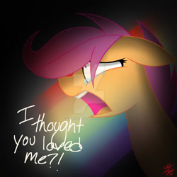 Size: 1024x1024 | Tagged: safe, artist:creamycolors, scootaloo, pegasus, pony, fanfic:rainbow factory, g4, absentia, crying, dialogue, fanfic art, floppy ears, open mouth, rainbow, sad, signature, solo, tears of sadness, teeth, watermark, yelling