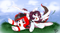 Size: 1259x698 | Tagged: safe, artist:biotari, oc, oc only, oc:snowbi heart, oc:tiorafa, earth pony, pegasus, pony, choker, duo, looking back, lying down, open mouth, open smile, prone, smiling, wristband