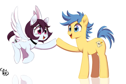 Size: 1719x1145 | Tagged: safe, artist:biotari, oc, oc only, oc:snowbi heart, earth pony, pegasus, pony, blue eyes, choker, duo, eye contact, female, looking at each other, looking at someone, male, mare, open mouth, open smile, pink eyes, simple background, smiling, stallion, touch, white background, wings