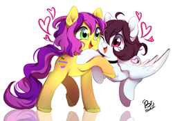 Size: 1321x919 | Tagged: safe, artist:biotari, oc, oc only, oc:snowbi heart, earth pony, pegasus, pony, duo, ear piercing, earring, eye contact, female, freckles, heart, hug, jewelry, looking at each other, looking at someone, mare, open mouth, open smile, piercing, simple background, smiling, unshorn fetlocks, white background