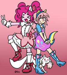Size: 892x1000 | Tagged: safe, artist:/d/non, pinkie pie, cat, human, equestria girls, g4, :3, anime, blushing, boots, bow, bracelet, clothes, clothes swap, crossover, dress, duo, eyes closed, fake ears, fake tail, februpony, female, gloves, hair bow, incubator (species), jewelry, knee high boots, kneesocks, kyubey, madoka kaname, magical girl, peace sign, pigtails, pink background, pink hair, ponied up, ponytail, puella magi madoka magica, shoes, simple background, socks, twintails