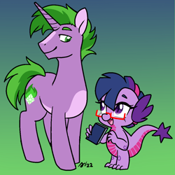 Size: 1000x1000 | Tagged: safe, artist:/d/non, spike, twilight sparkle, dragon, pony, unicorn, adult, adult spike, age progression, age regression, body markings, book, dragonified, februpony, female, glasses, gradient background, green hair, male, older, older spike, ponified, ponified spike, role reversal, species swap, stallion, twilidragon, younger