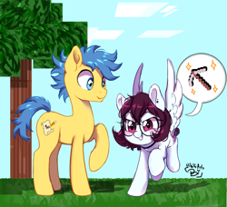 Size: 1219x1112 | Tagged: safe, artist:biotari, oc, oc only, oc:snowbi heart, earth pony, pegasus, pony, choker, duo, ear piercing, earring, female, glasses, jewelry, male, mare, minecraft, piercing, raised hoof, smiling, speech bubble, spread wings, stallion, wings