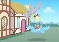 Size: 1280x906 | Tagged: safe, artist:malte279, derpy hooves, rainbow dash, g4, flying, upside down