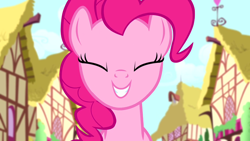 Size: 1280x720 | Tagged: safe, screencap, pinkie pie, earth pony, pony, g4, pinkie pride, season 4, cute, diapinkes, eyes closed, female, mare, ponyville, smiling, solo, squee