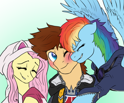 Size: 2400x2000 | Tagged: safe, artist:not-ordinary-pony, fluttershy, rainbow dash, fanfic:kingdom hearts of harmony, g4, clothes, commission, crossover, crossover shipping, female, high res, kingdom hearts, kingdom hearts of harmony, male, shipping, sora, sora gets all the mares, straight