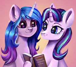 Size: 3120x2740 | Tagged: safe, artist:ske, izzy moonbow, starlight glimmer, pony, unicorn, g4, g5, my little pony: a new generation, book, cute, cyrillic, duo, duo female, female, g4 to g5, glimmerbetes, high res, izzybetes, mare, notebook, reading, russian, smiling, text, translated in the description