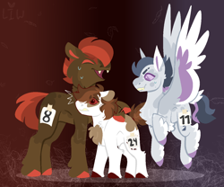 Size: 1200x1000 | Tagged: safe, artist:lepz_weird, button mash, pipsqueak, rumble, earth pony, pegasus, pony, g4, adult button mash, adult pipsqueak, adult rumble, alternate design, colored pupils, colored wings, husbando, male, open mouth, running of the leaves, trio, wings