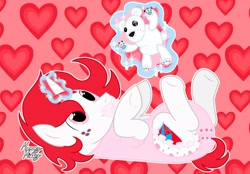 Size: 2048x1423 | Tagged: safe, artist:mommymidday, oc, oc only, oc:heartbreaker, bear, polar bear, pony, unicorn, abdl, adult foal, clothes, commission, diaper, diaper fetish, fetish, freckles, heart, legs in air, lying down, magic, magic aura, male, non-baby in diaper, on back, onesie, pacifier, pink, plushie, poofy diaper, red hair, show accurate, signature, simple background, solo, stallion, white coat