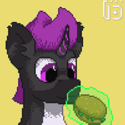 Size: 800x800 | Tagged: safe, artist:vohd, oc, oc only, oc:ex, pony, unicorn, animated, blinking, burger, eating, food, gif, herbivore, pixel art, simple background, solo focus