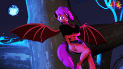 Size: 3840x2160 | Tagged: safe, artist:marianokun, oc, oc only, oc:ket, bat pony, anthro, 3d, 60shadesofbats, bat wings, big breasts, breasts, clothes, high res, moon, night, shorts, smiling, source filmmaker, spread wings, tree, wings