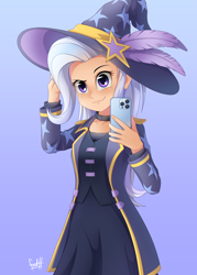 Size: 2500x3500 | Tagged: safe, artist:fadlihalimns, trixie, human, g4, clothes, feather, gradient background, hat, high res, humanized, phone, simple background, solo, trixie's hat