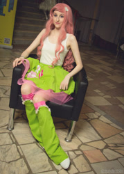 Size: 734x1024 | Tagged: safe, artist:lysanna34, fluttershy, human, equestria girls, g4, 2014, clothes, cosplay, costume, irl, irl human, photo, sitting, sleeveless, solo