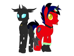 Size: 1280x960 | Tagged: safe, artist:tcgamebot, oc, oc only, oc:changelink, oc:eclipse shine, changeling, pony, unicorn, collar, disguise, disguised changeling, looking at you, one eye closed, simple background, tongue out, transformation, transparent background